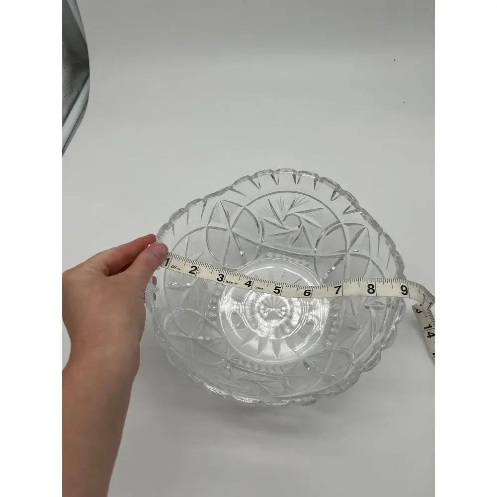 Vintage Cut Glass Crystal Bowl 9” Round Scalloped Edge Starburst Floral